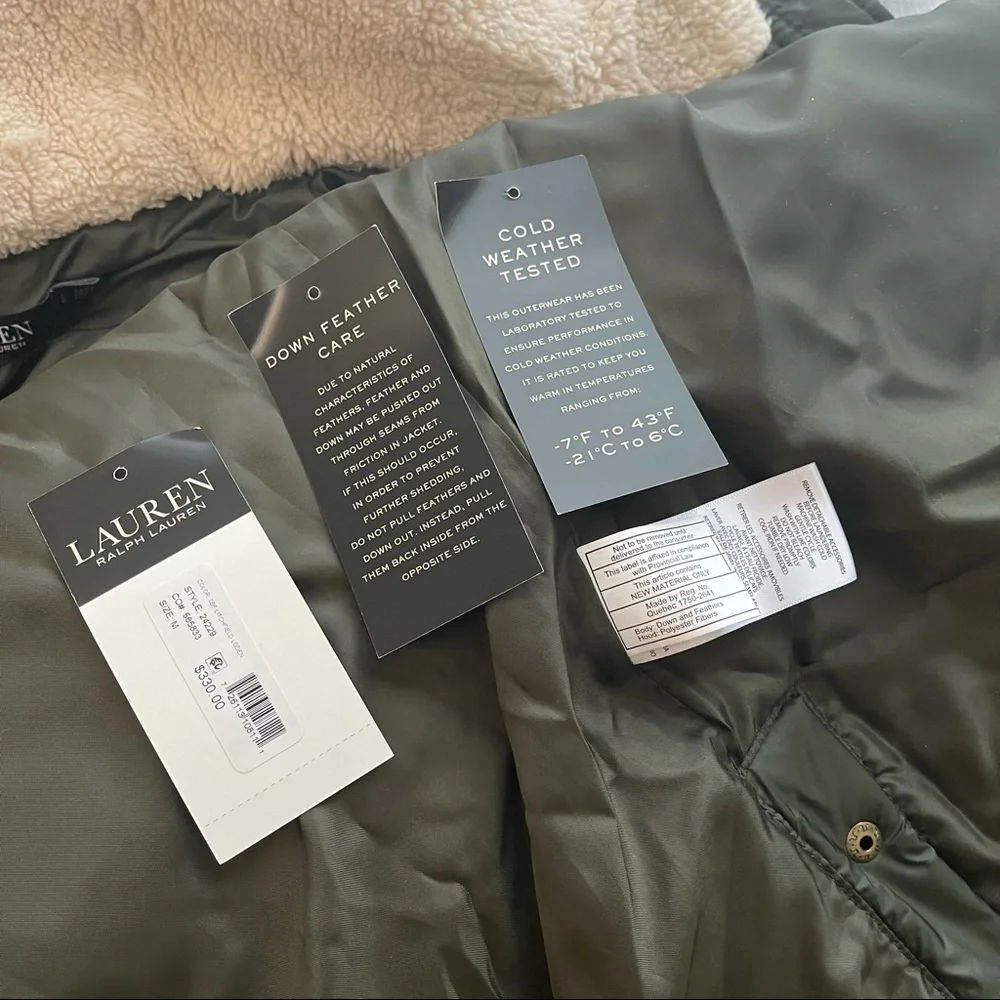 Lauren Ralph Lauren Faux Fur Trim Hooded Puffer Jacket In Litchfield Loden NWT - Picture 13 of 16